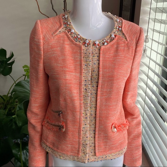 McGinn Jackets & Blazers - McGinn Coral Tweed Jacket with Jewel Neckline